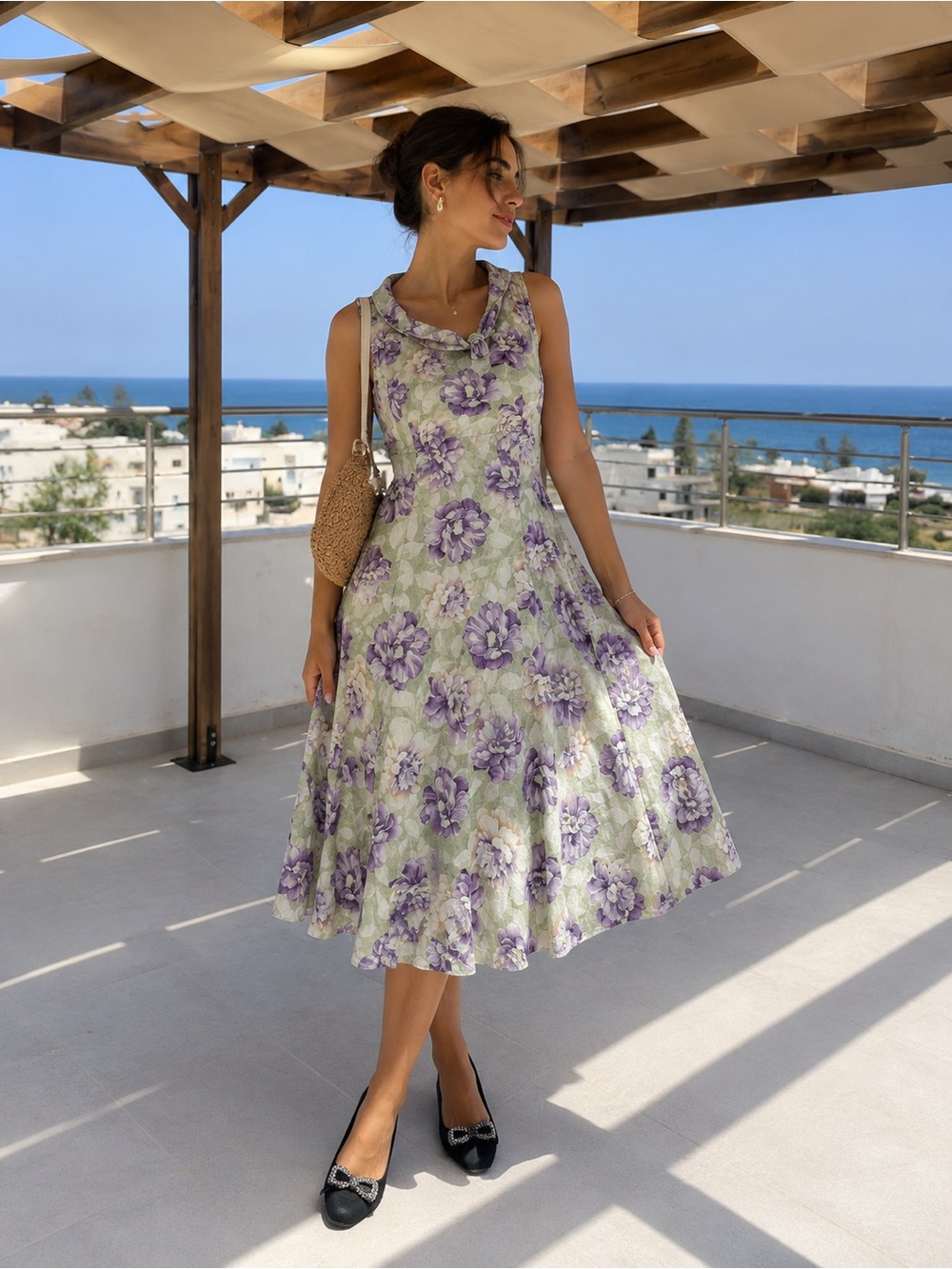 Romantic Floral Fit & Flare Dress | Lavender Garden Print | Size S